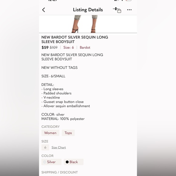 NEW BARDOT SILVER SEQUIN LONG SLEEVE BODYSUIT - Picture 11 of 11